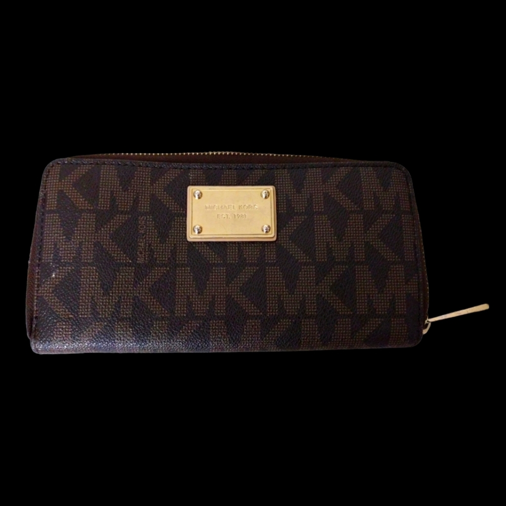 Michael Kors Brown Monogram Coated Canvas Zip Around Wallet